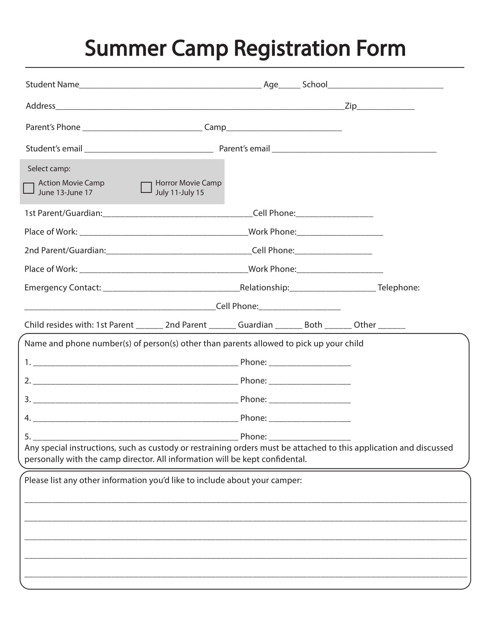002 Free Printable Camp Registration Form Templates Template For Camp Registration Form Template