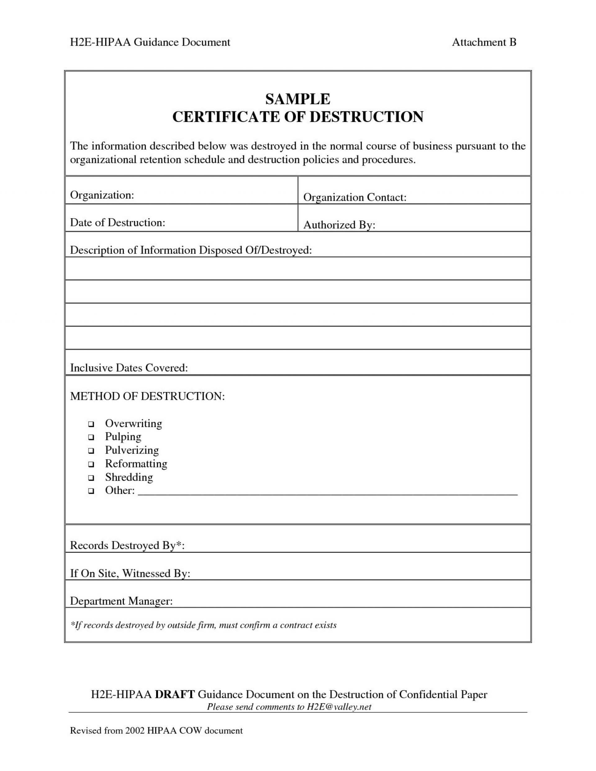 005 Certificate Of Destruction Template Ideas Exceptional Inside Certificate Of Destruction Template