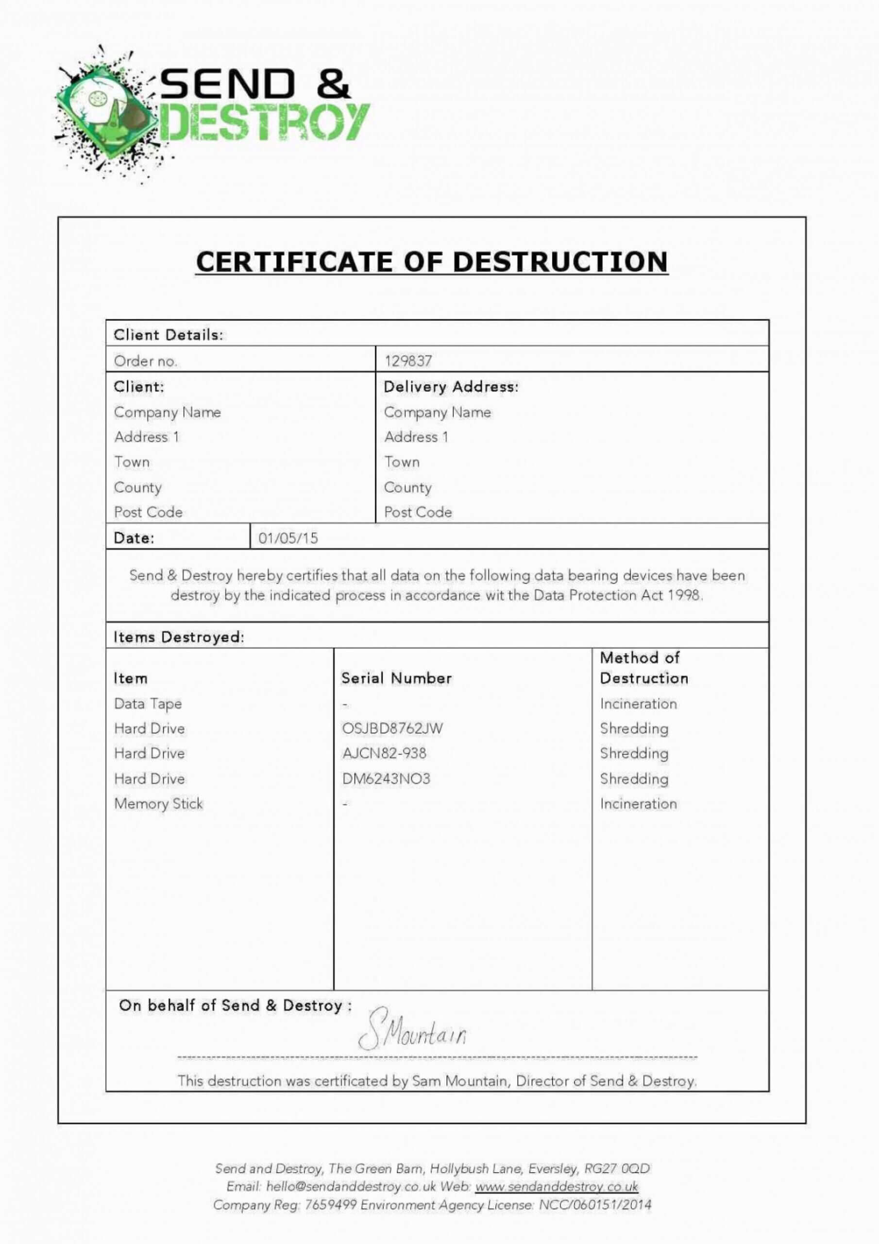 006 Certificate Of Destruction Template Exceptional Ideas Intended For Certificate Of Disposal Template