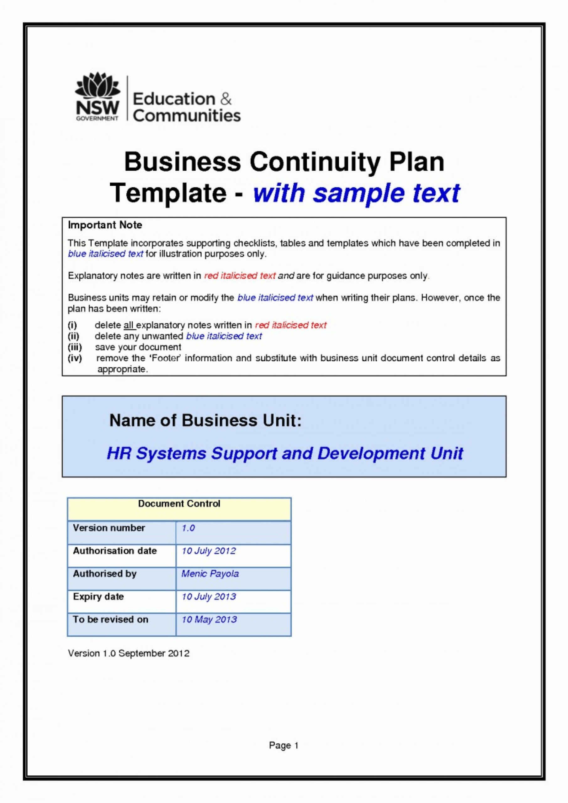 013 Template Ideas Simple Business Continuity Plan Example Within Business Continuity Plan Template Australia