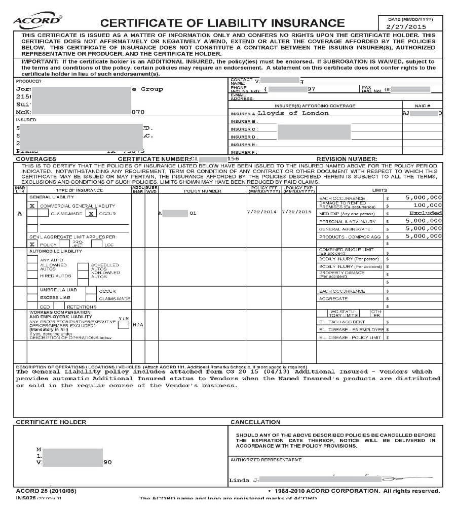 015 Certificate Of Liability Insurance Form California What Pertaining To Certificate Of Liability Insurance Template