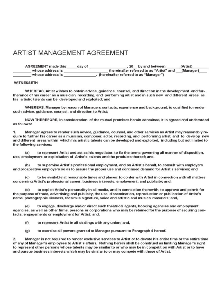 019 Template Ideas Artist Management Contract Legal Fearsome For Business Management Contract Template