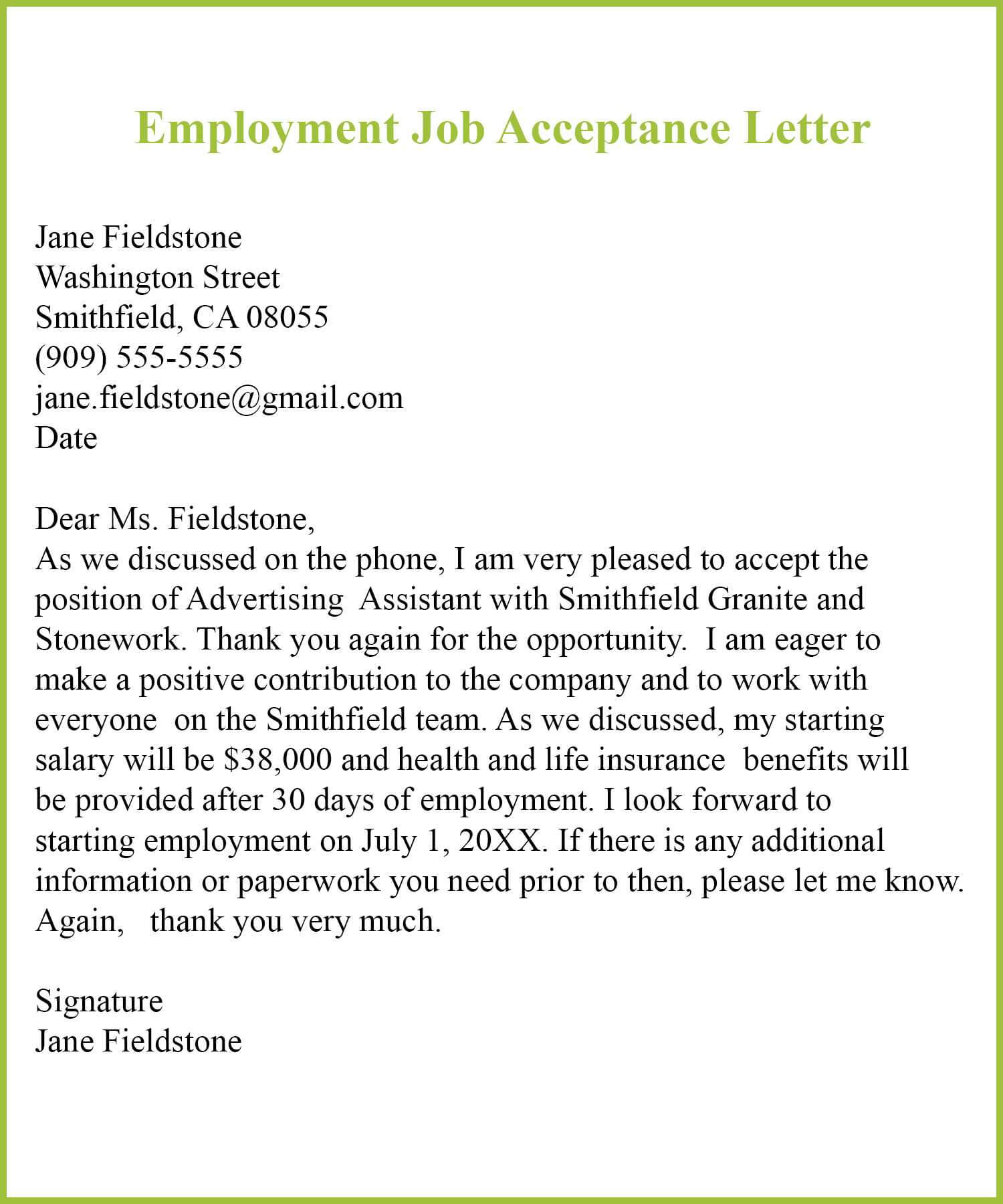 020 Employment Job Acceptance Template Ideas Letter Pertaining To Certificate Of Acceptance Template