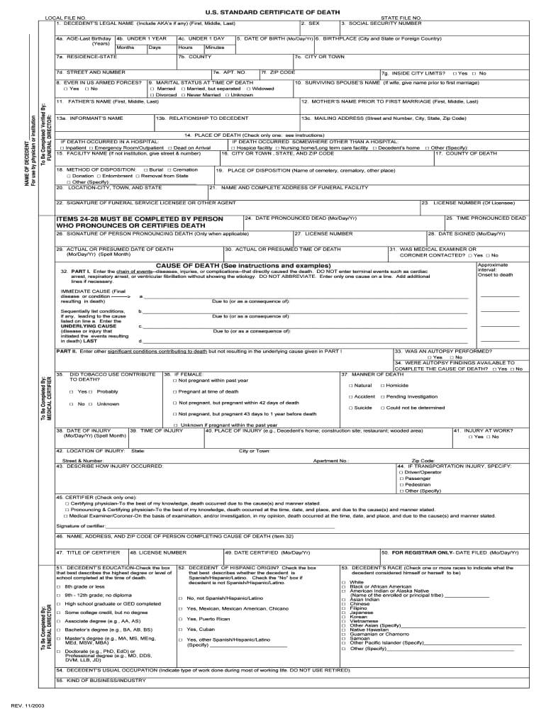 2003 2020 Form Us Standard Certificate Of Death Fill Online Regarding Baby Death Certificate Template