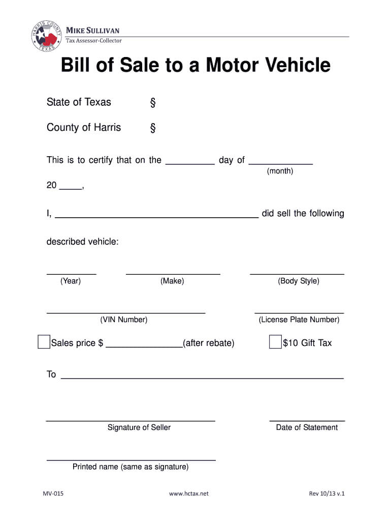 2013 2020 Form Tx Mv 015 Fill Online, Printable, Fillable Inside Bill Of Sale Texas Template