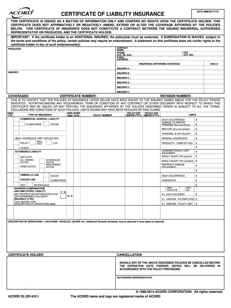 2014 2020 Form Acord 25 Fill Online, Printable, Fillable Intended For Certificate Of Liability Insurance Template