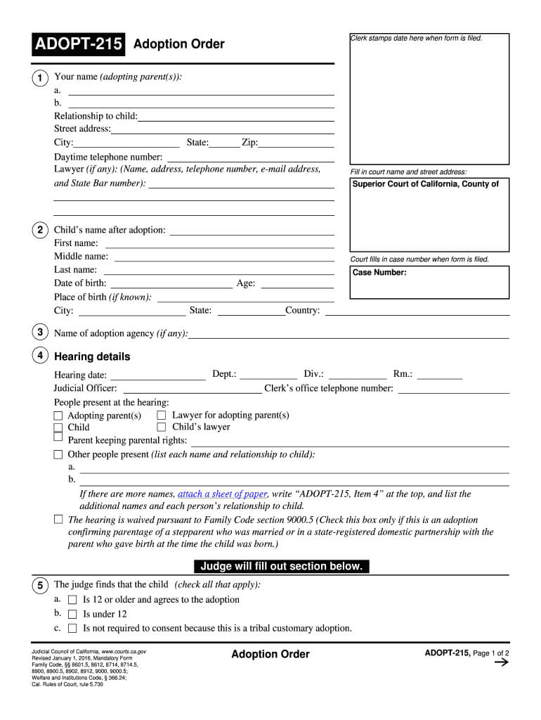 2016 2020 Form Ca Adopt 215 Fill Online, Printable, Fillable For Child Adoption Certificate Template