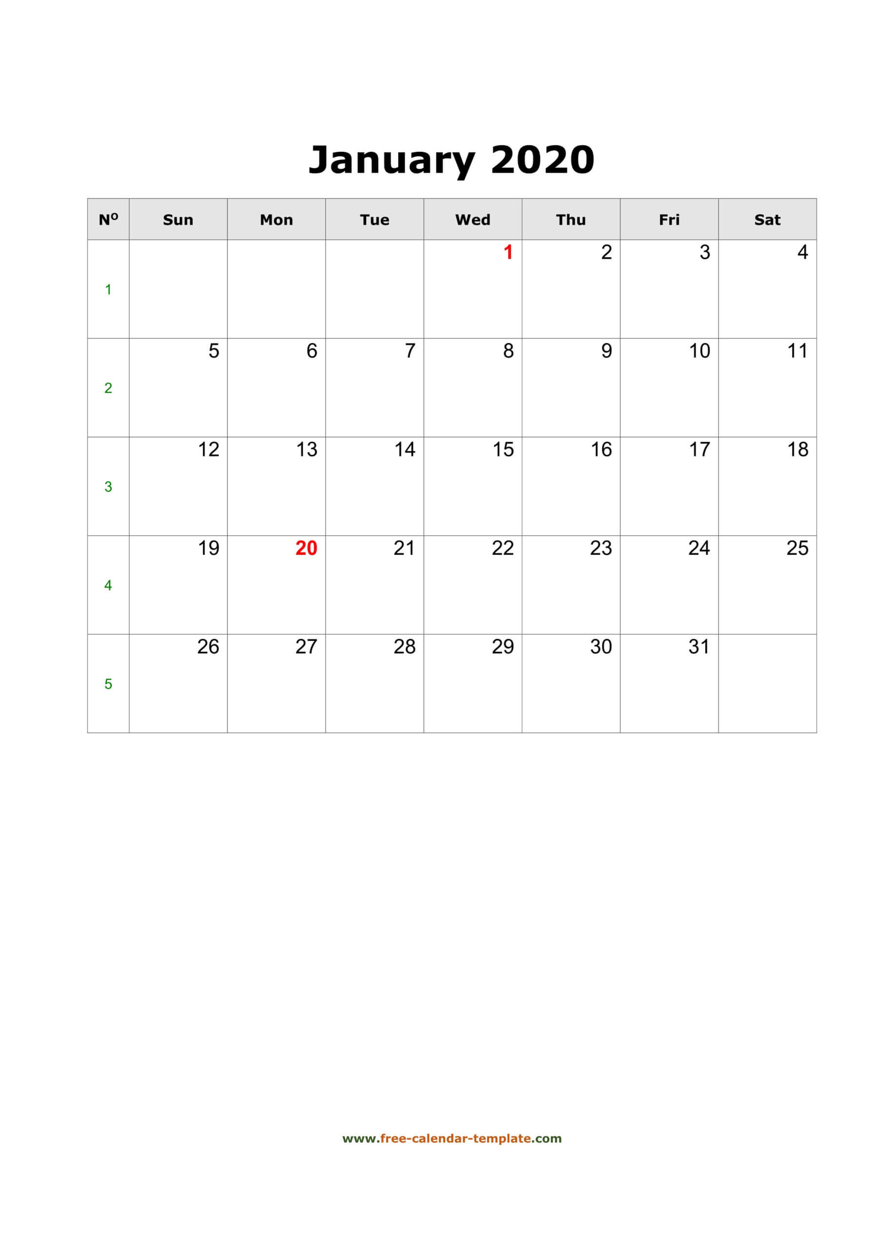 2020 January Calendar (Blank Vertical Template) | Free With Blank One Month Calendar Template