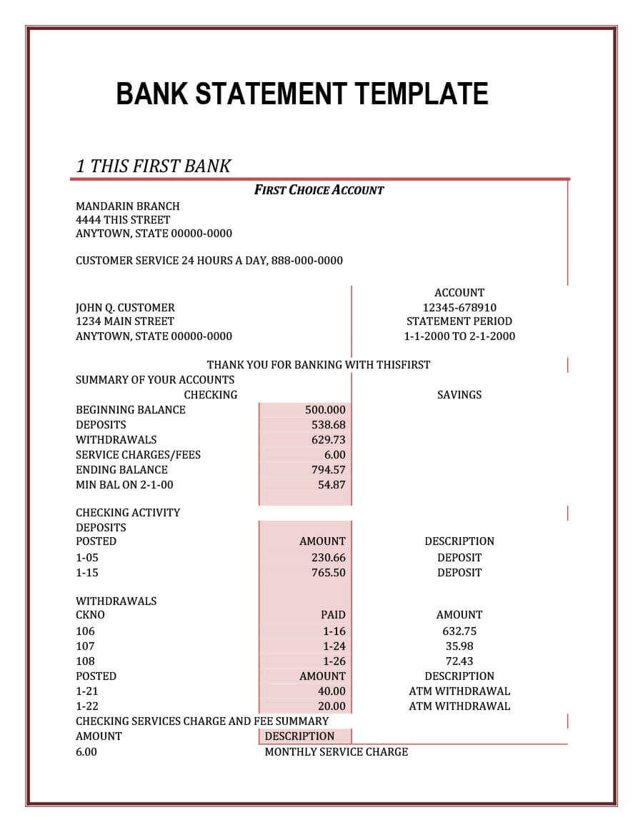 23 Editable Bank Statement Templates [Free] ᐅ Template Lab Regarding Blank Bank Statement Template Download
