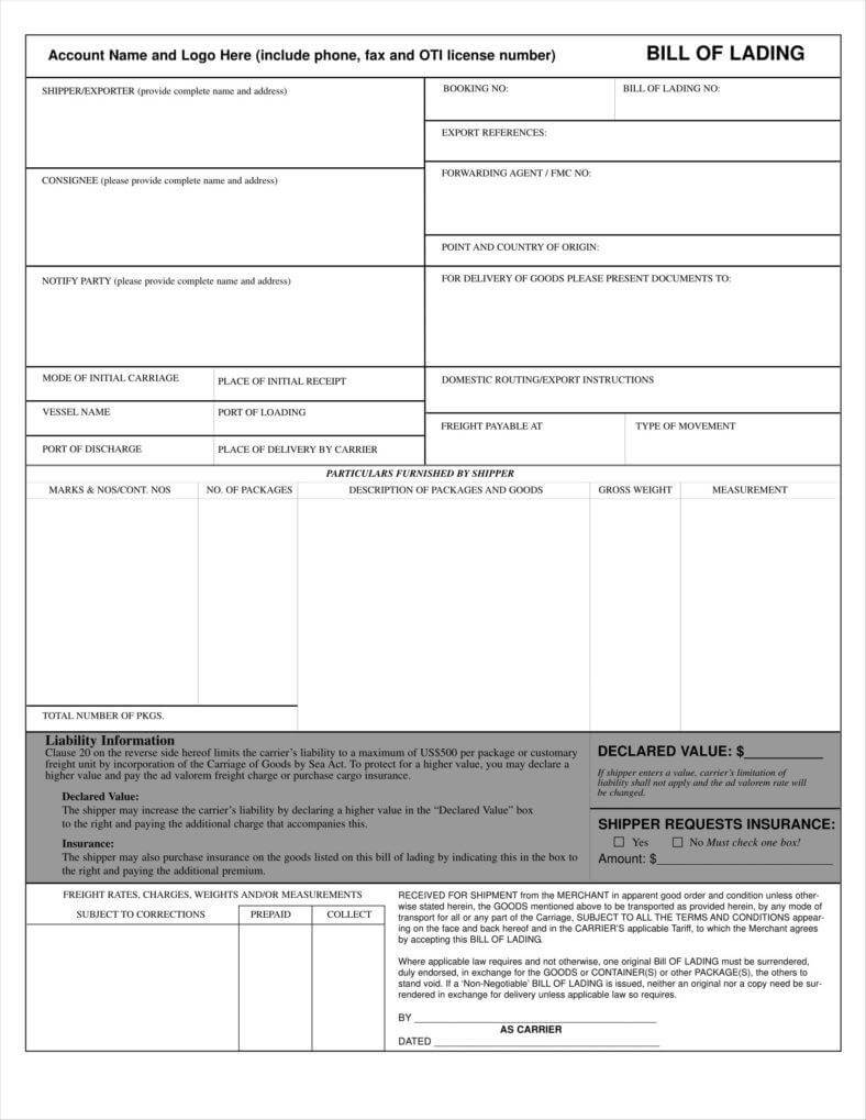 29+ Bill Of Lading Templates – Free Word, Pdf, Excel Format For Blank Bol Template