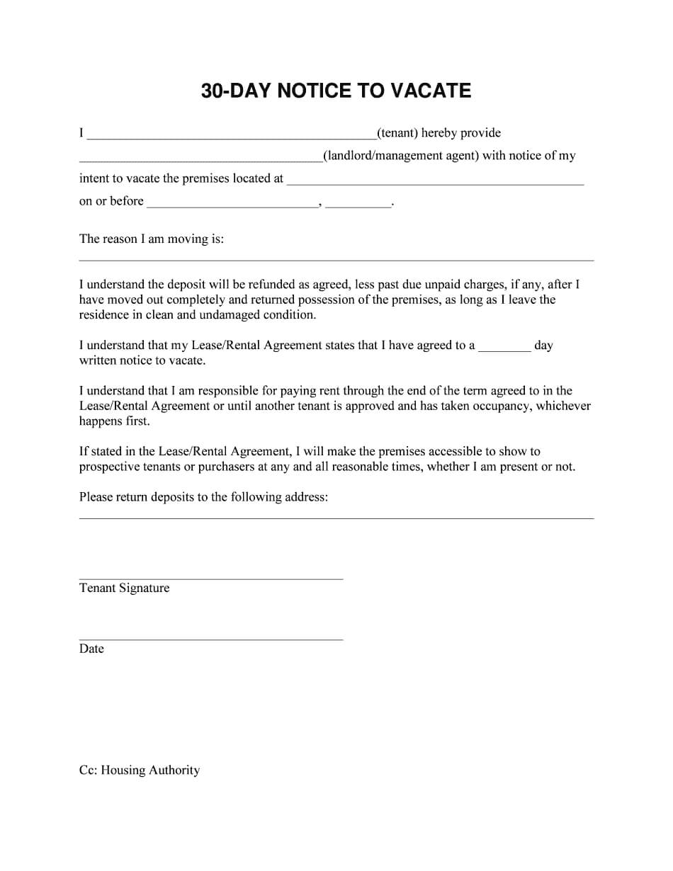 30 Day Notice To Vacate: Fillable Letter Form In Pdf For 30 Day Eviction Notice Template