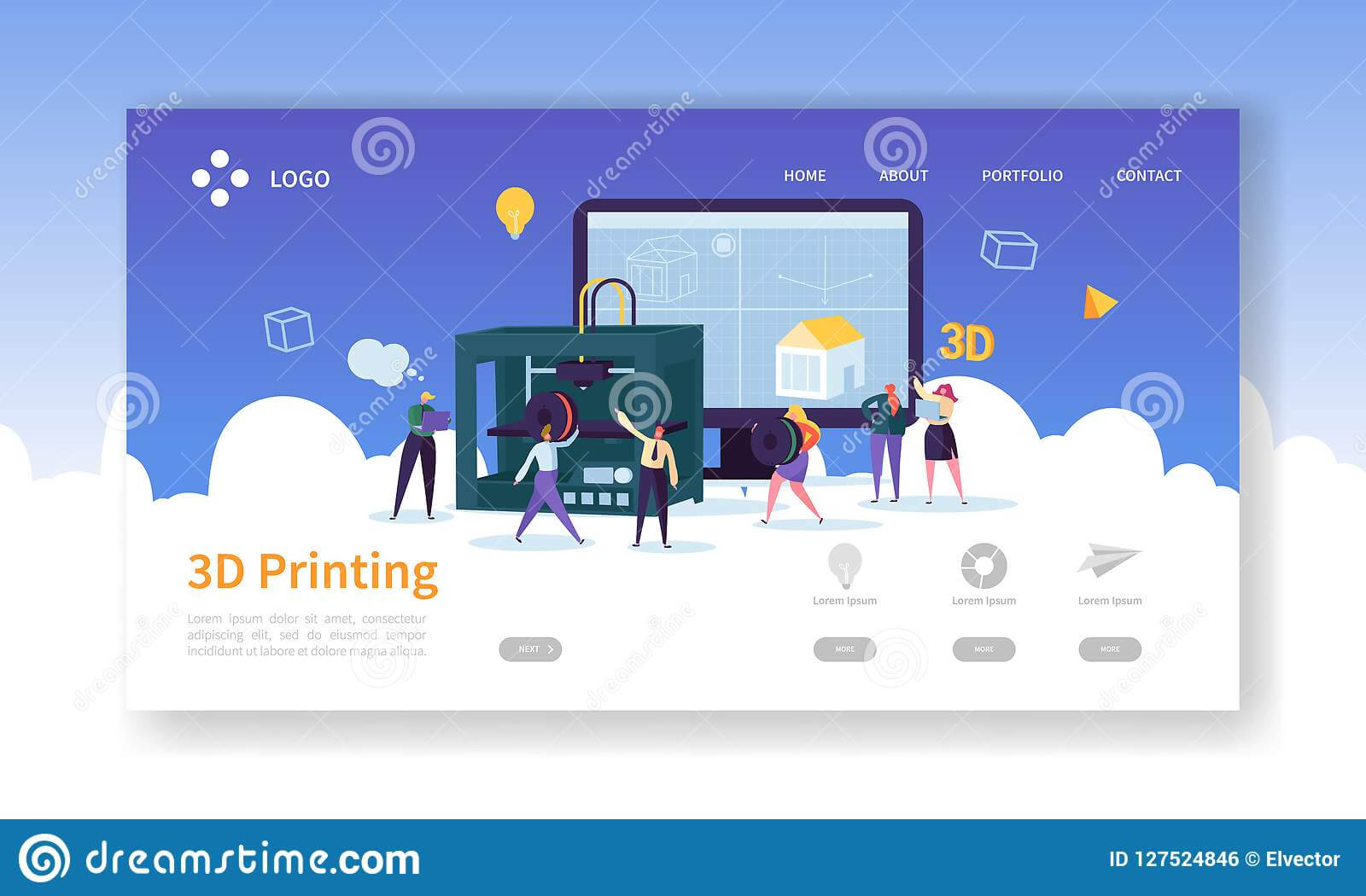 3D Printing Technology Landing Page. 3D Printer Equipment With 3D Printer Templates