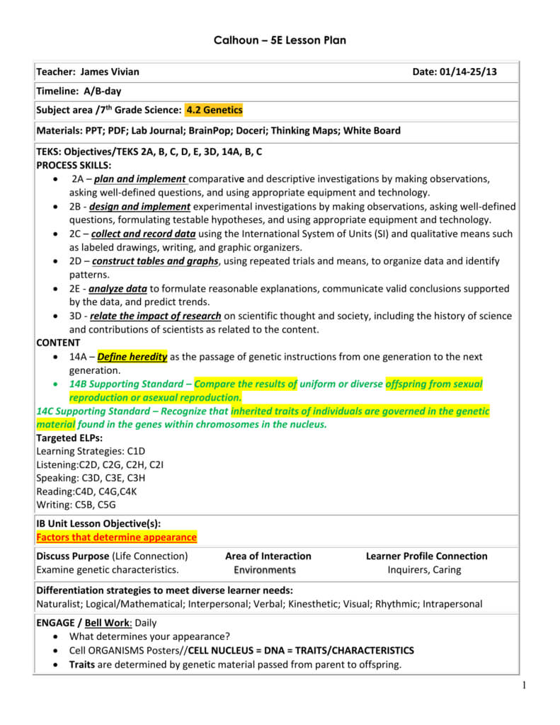 5E Student Lesson Planning Template Within 5 E Lesson Plan Template