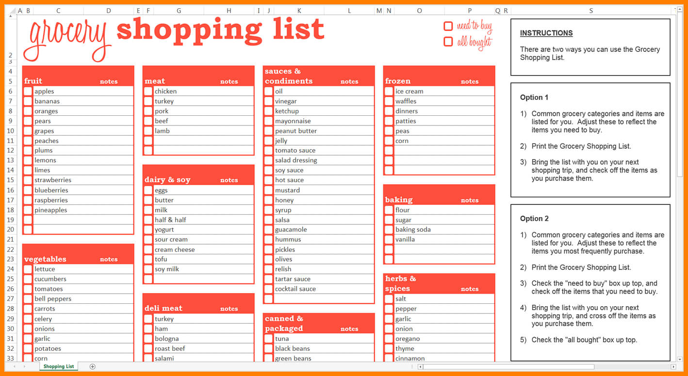 6+ Excel Grocery List Template | Inta Cf Intended For Blank Grocery Shopping List Template
