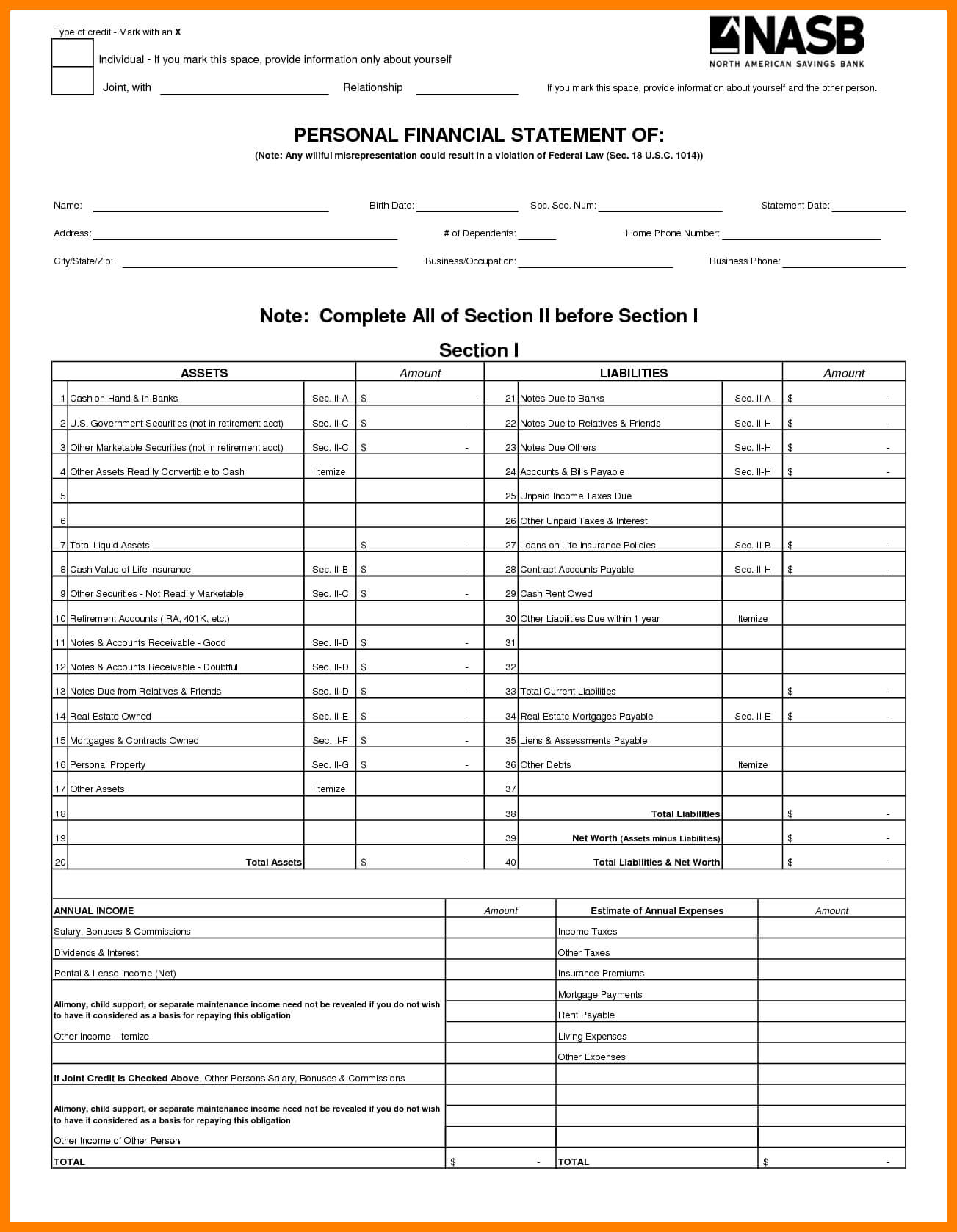 6+ Free Printable Personal Financial Statement Form | St With Blank Personal Financial Statement Template
