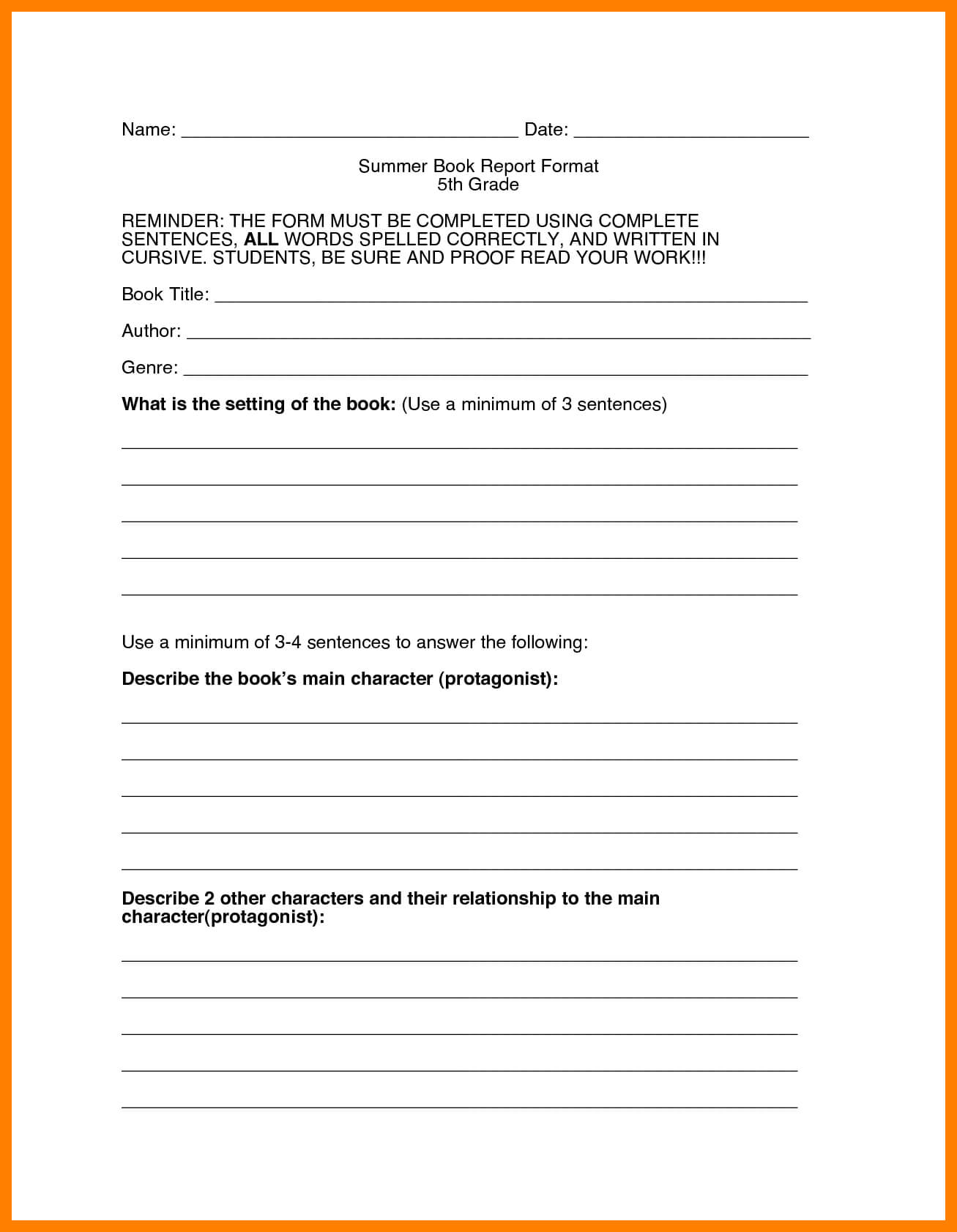 7+ 5Th Grade Book Reports | Time Table Chart Inside 5Th Grade Book Report Template