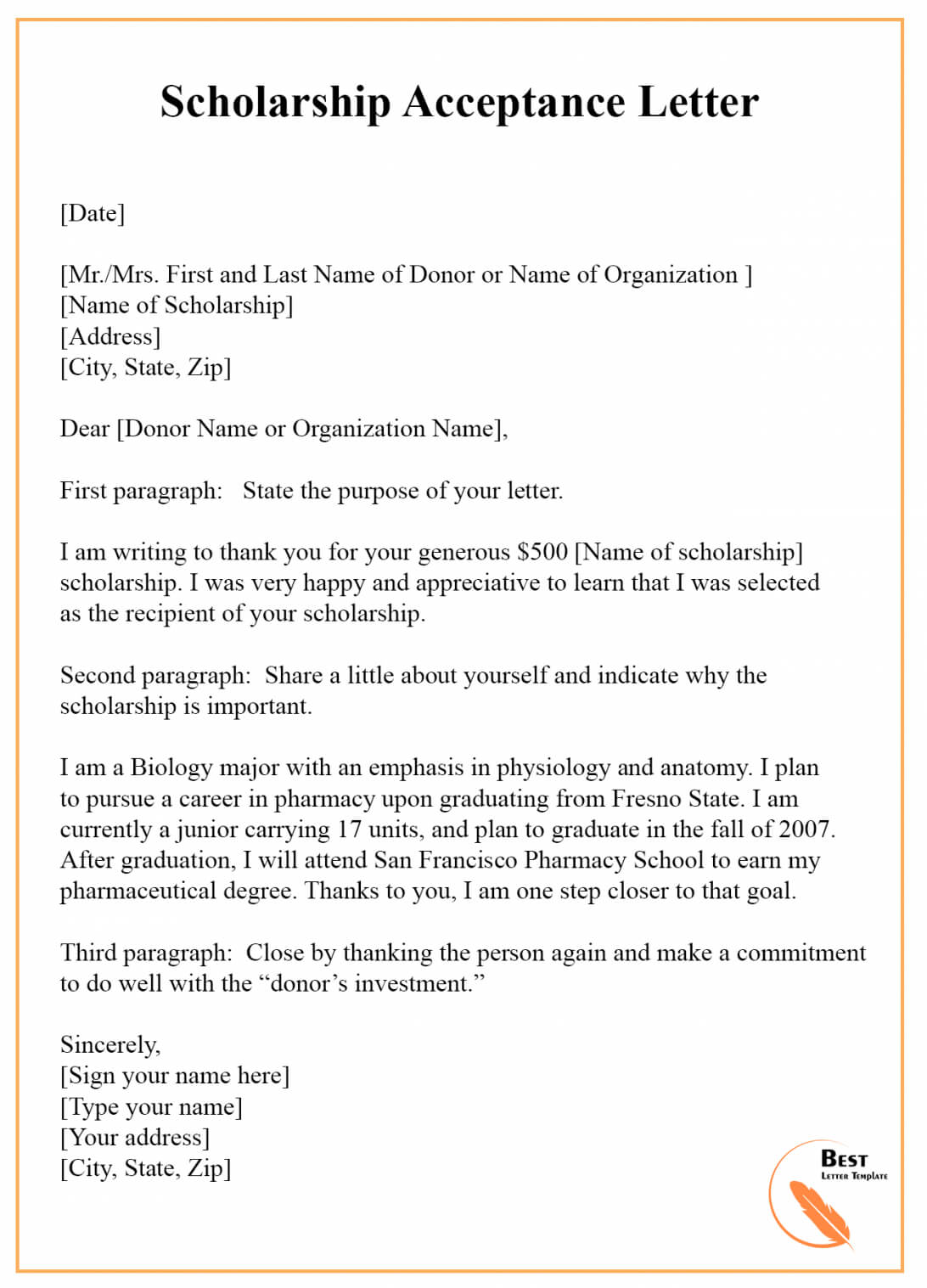7 Scholarship Acceptance Letter Template Example Samples Regarding Acceptance Card Template
