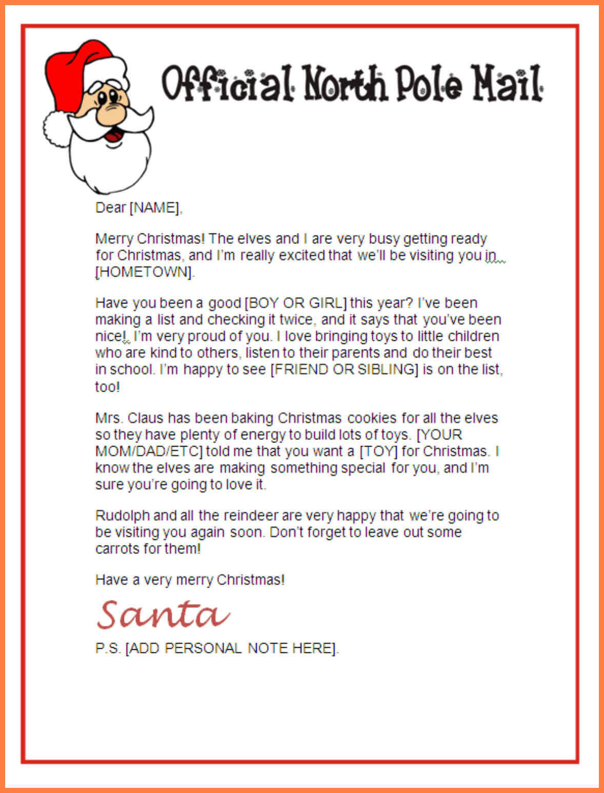 9+ Free Letters From Santa Template | Andrew Gunsberg In Blank Letter From Santa Template