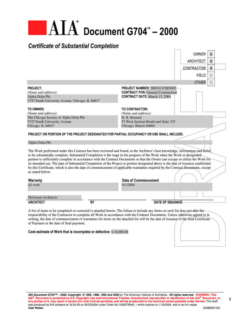 Aia G704 – Fill Online, Printable, Fillable, Blank | Pdffiller Within Certificate Of Substantial Completion Template