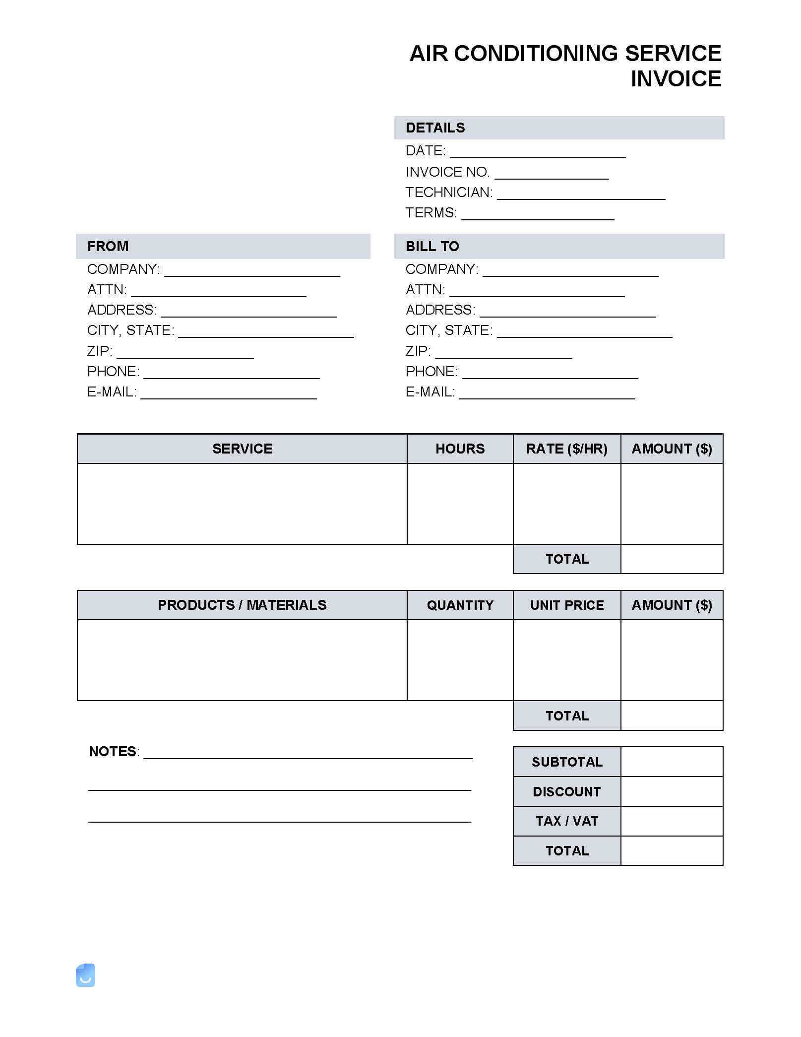 Air Conditioning Service Invoice Template | Invoice Maker Regarding Air Conditioning Invoice Template