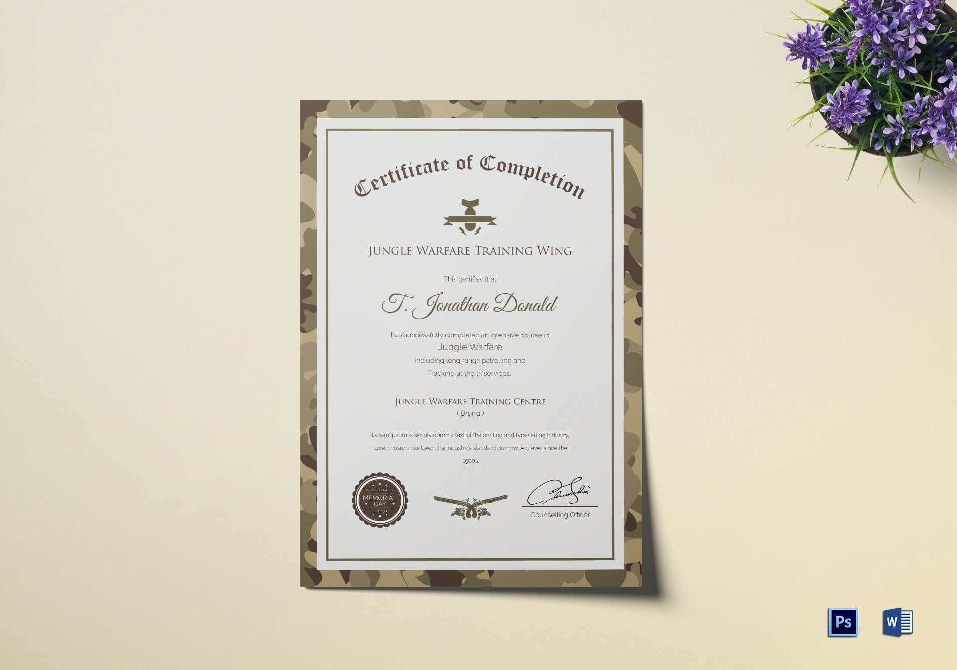 Army Camo Training Completion Certificate Template Pertaining To Army Certificate Of Completion Template