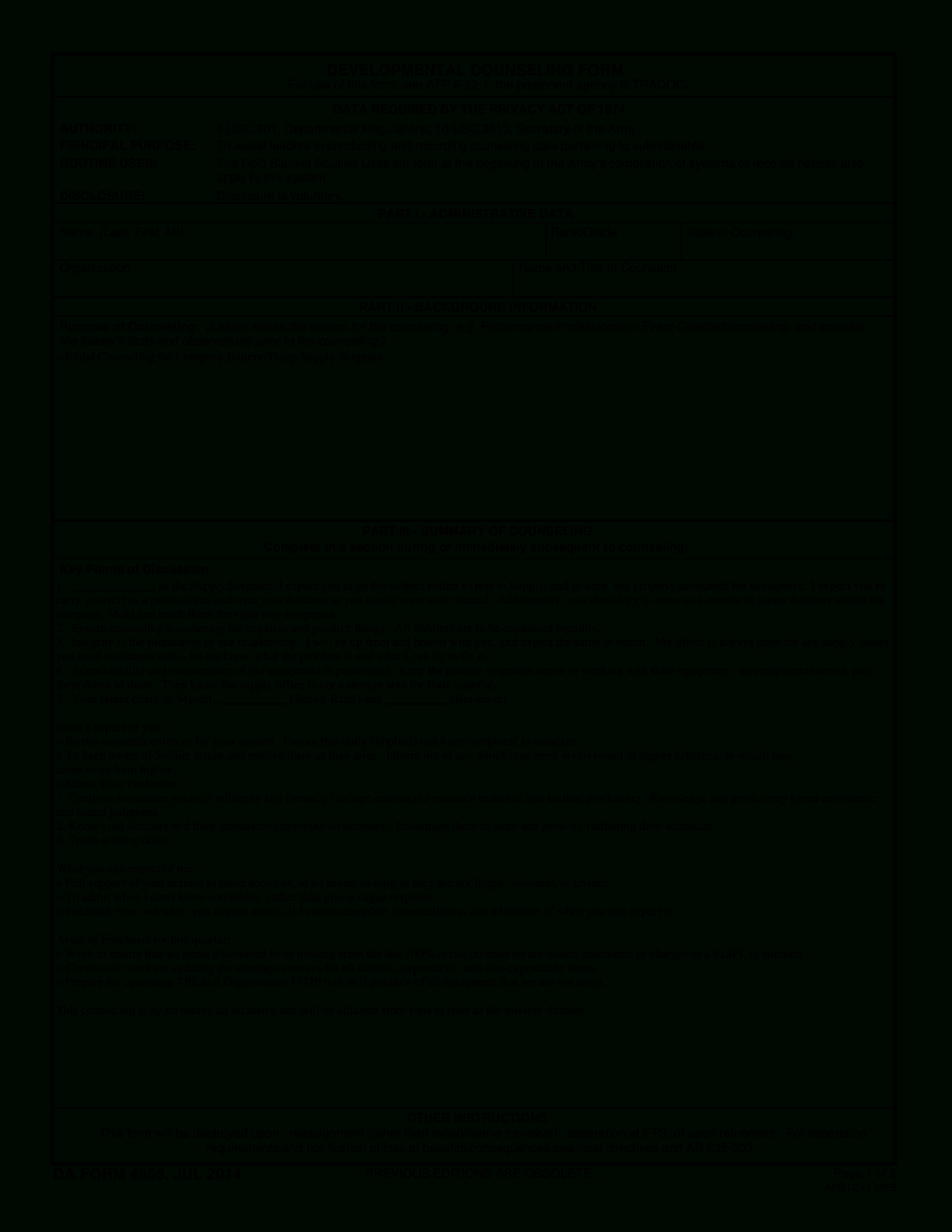 Army Developmental Counseling Form | Templates At With Army Leaders Book Template