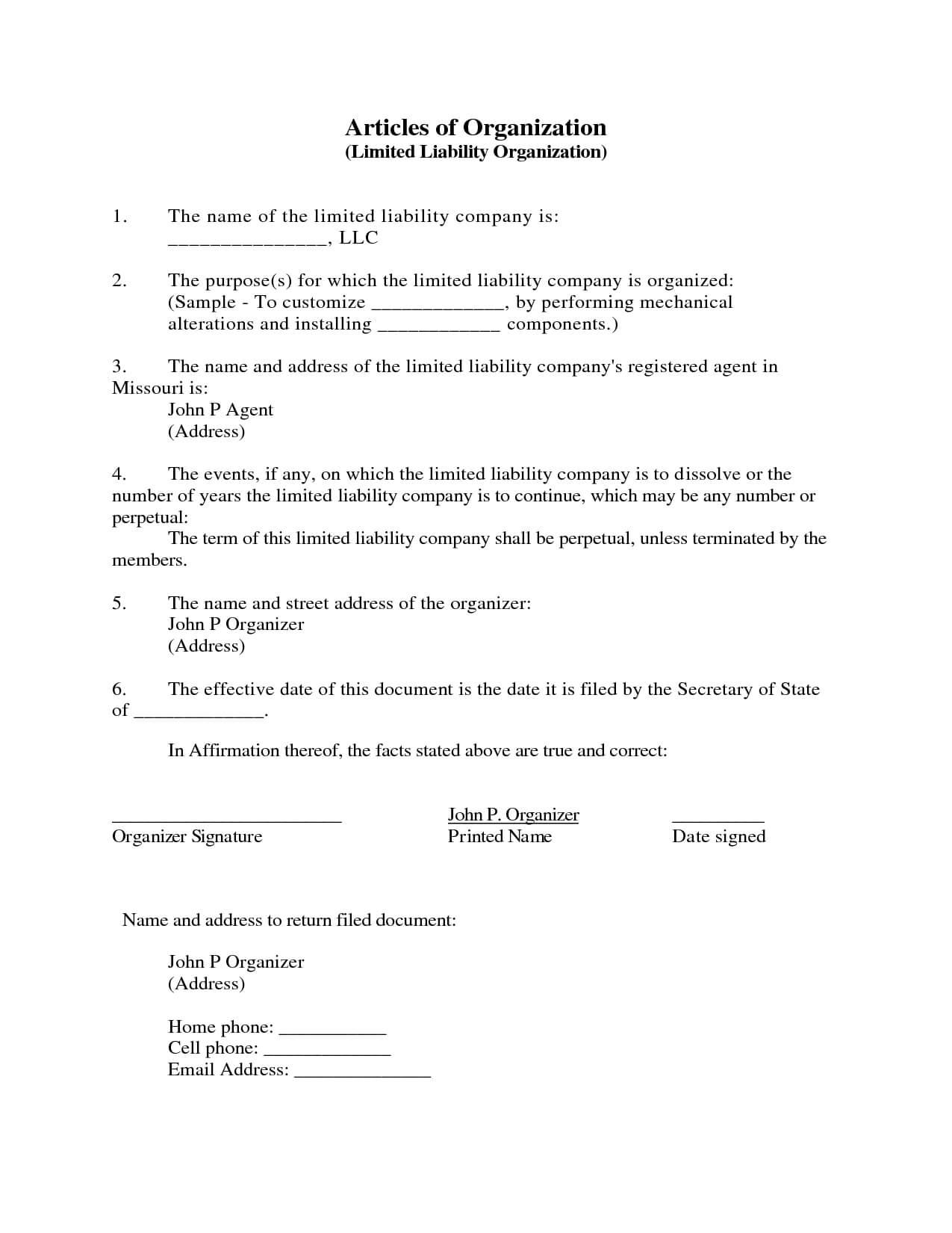 Articles Of Organization Sample Articles Of Incorporation Throughout Articles Of Organization Template