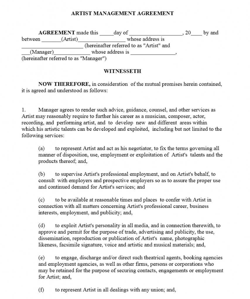 Artist Agreement Contract Template | Free Resume Templates With Regard To Business Management Contract Template