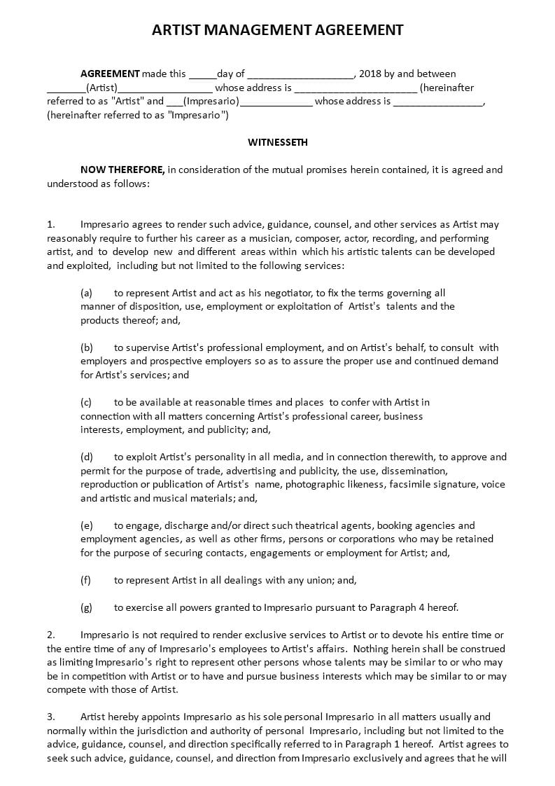 Artist Management Agreement | Templates At With Regard To Business Management Contract Template