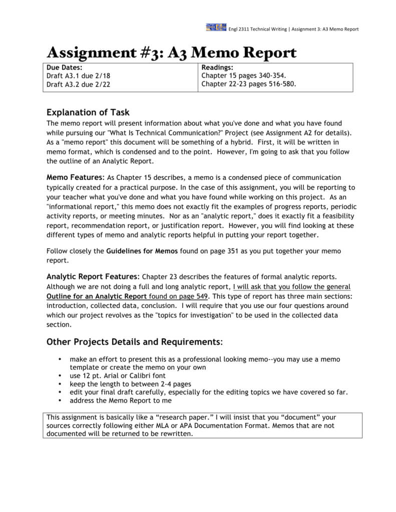 Assignment #3: A3 Memo Report Intended For Assignment Report Template
