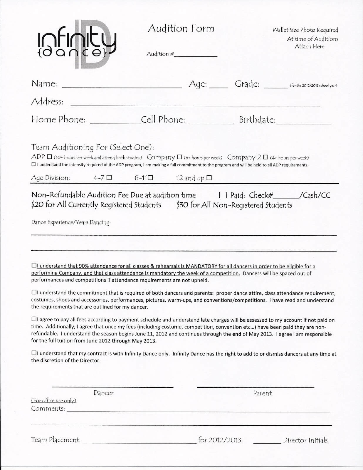 Audition Form Inside Audition Form Template
