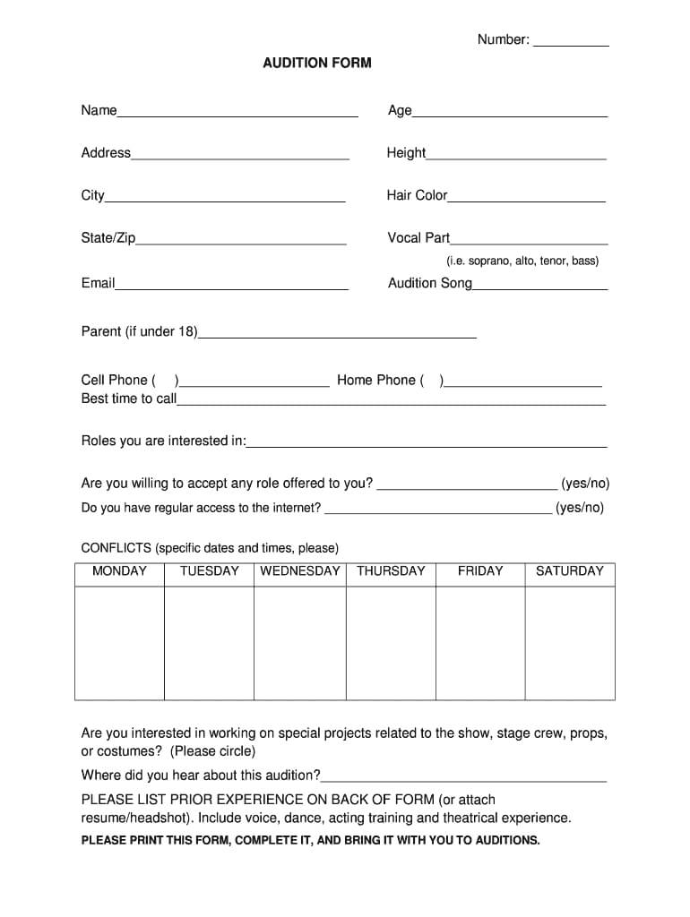 Audition Form Template – Fill Online, Printable, Fillable For Audition Form Template