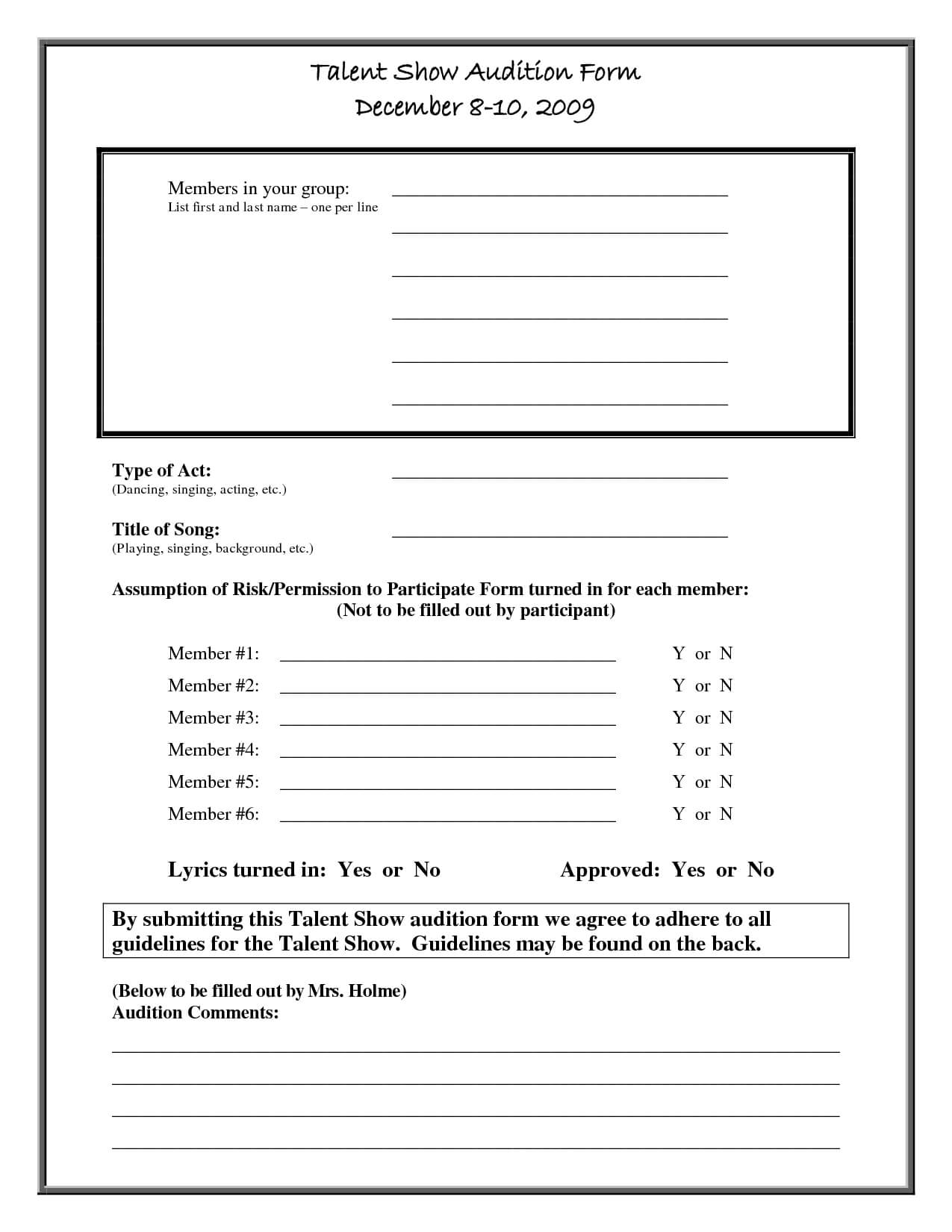 Audition Sign In Sheet With Regard To Audition Form Template
