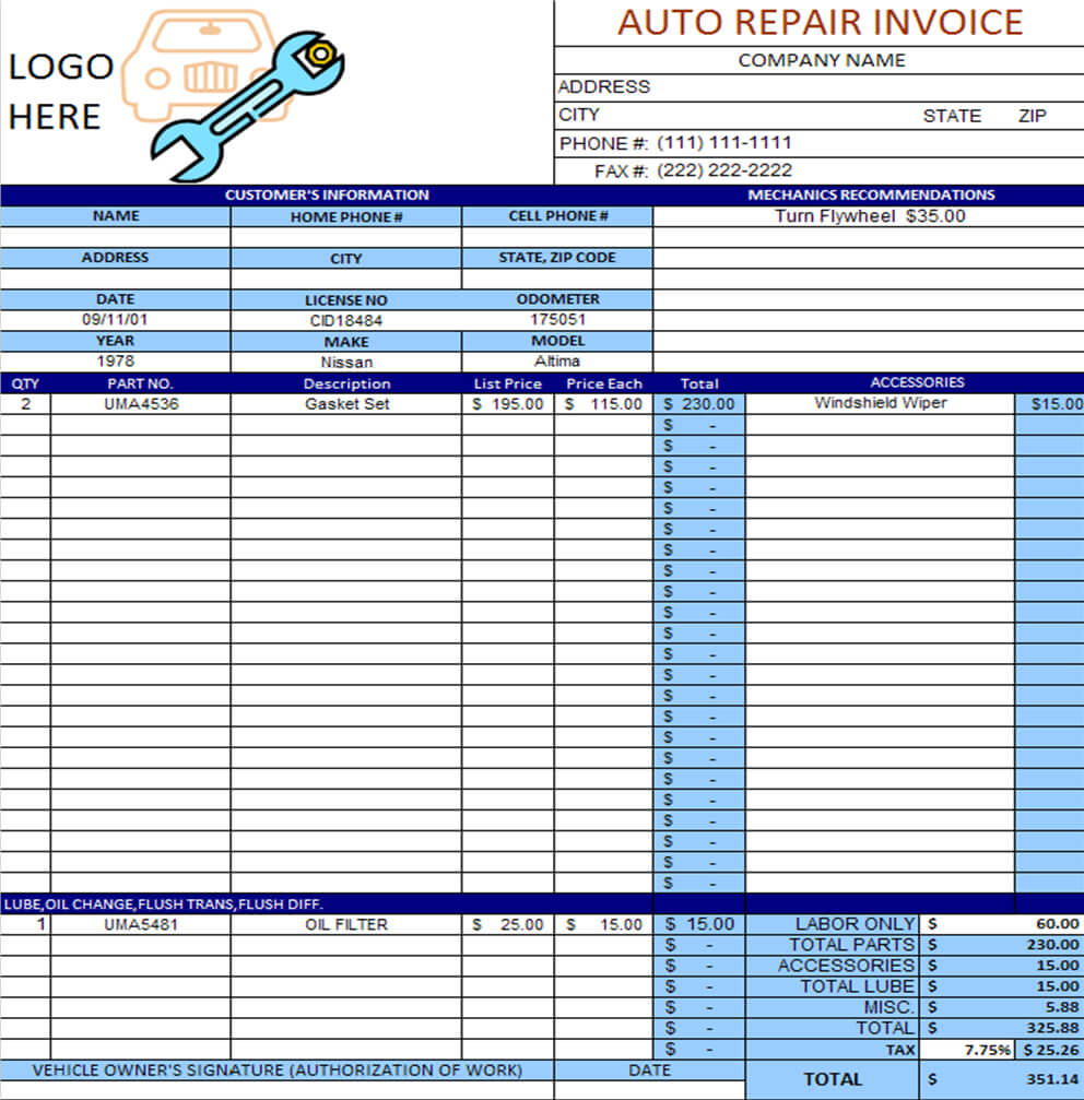 Auto Repair Invoice Template Excel | Invoice Example Pertaining To Car Service Invoice Template Free Download