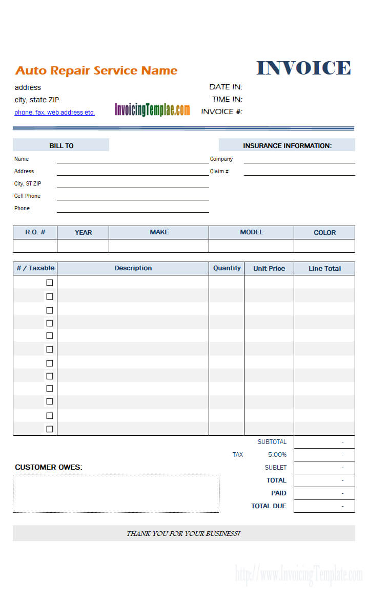 Auto Repair Invoice Template Intended For Car Service Invoice Template Free Download