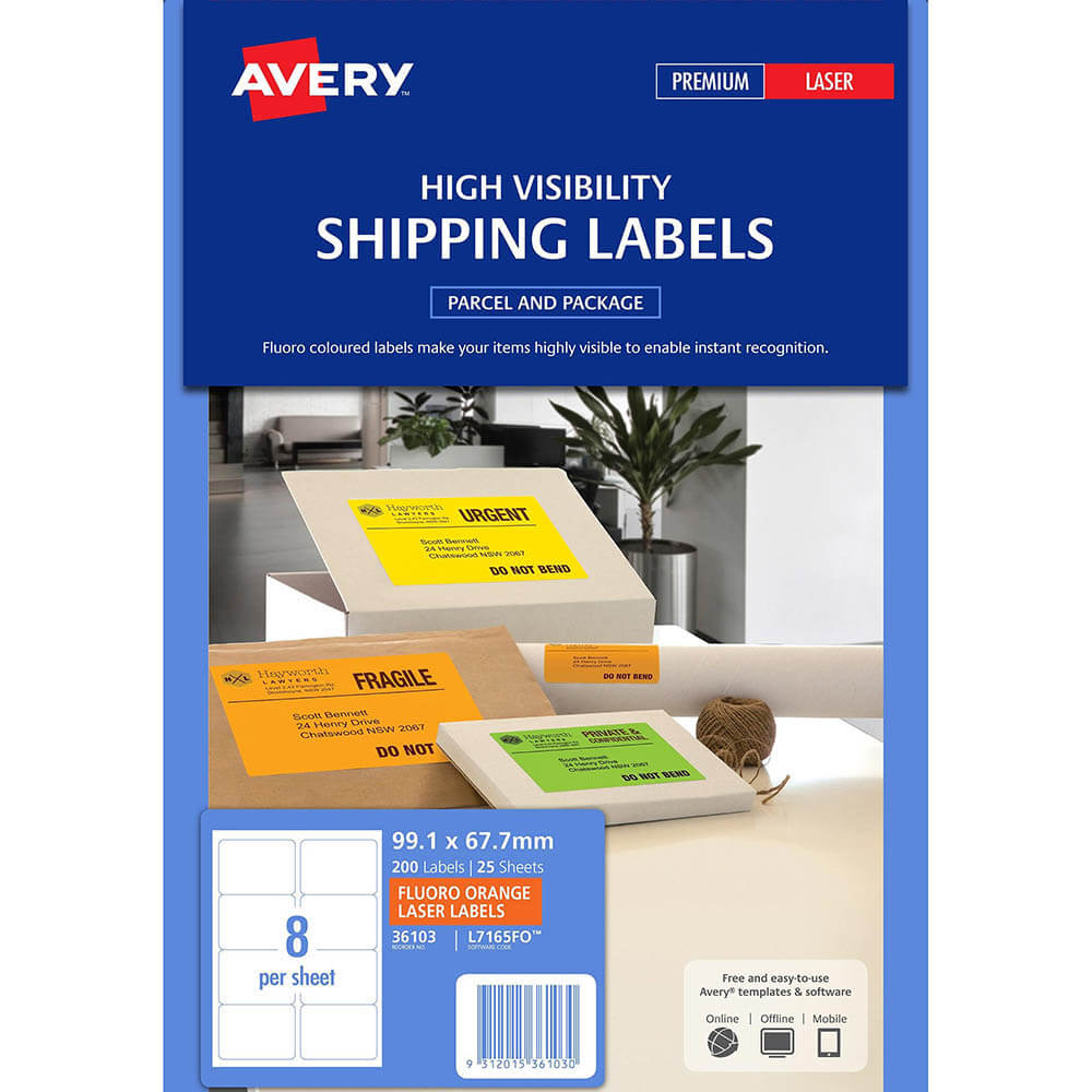 Avery 36103 L7165Fo Shipping Label 8Up 99.1 X 67.7Mm Fluoro Orange Box 25 |  Office National With 99.1 X 67.7 Mm Label Template