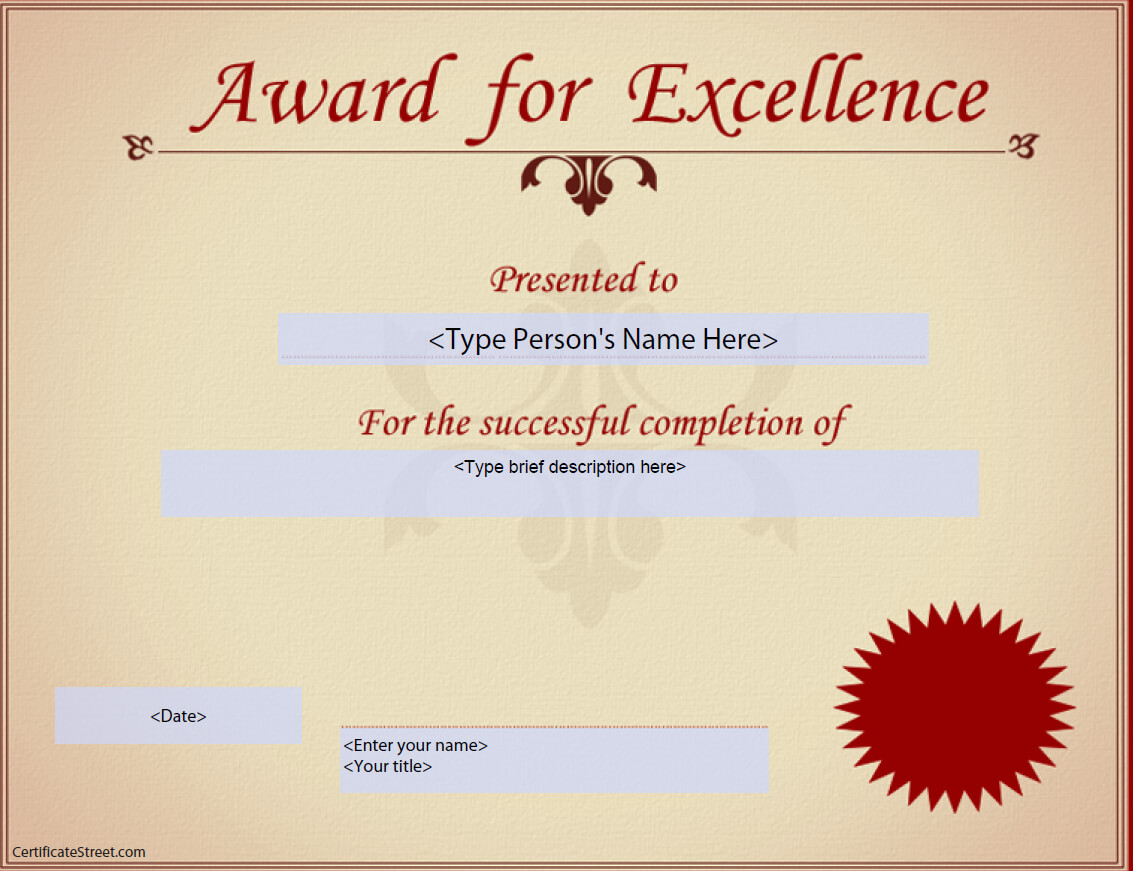 Award For Excellence Certificate | Templates At Within Award Of Excellence Certificate Template