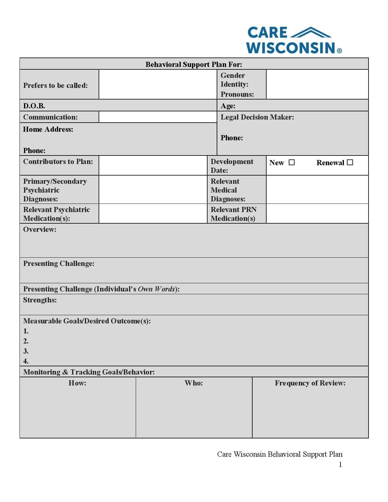 Behavioral Support Plan Template Page 001 - Care Wisconsin Throughout Behavior Support Plan Template