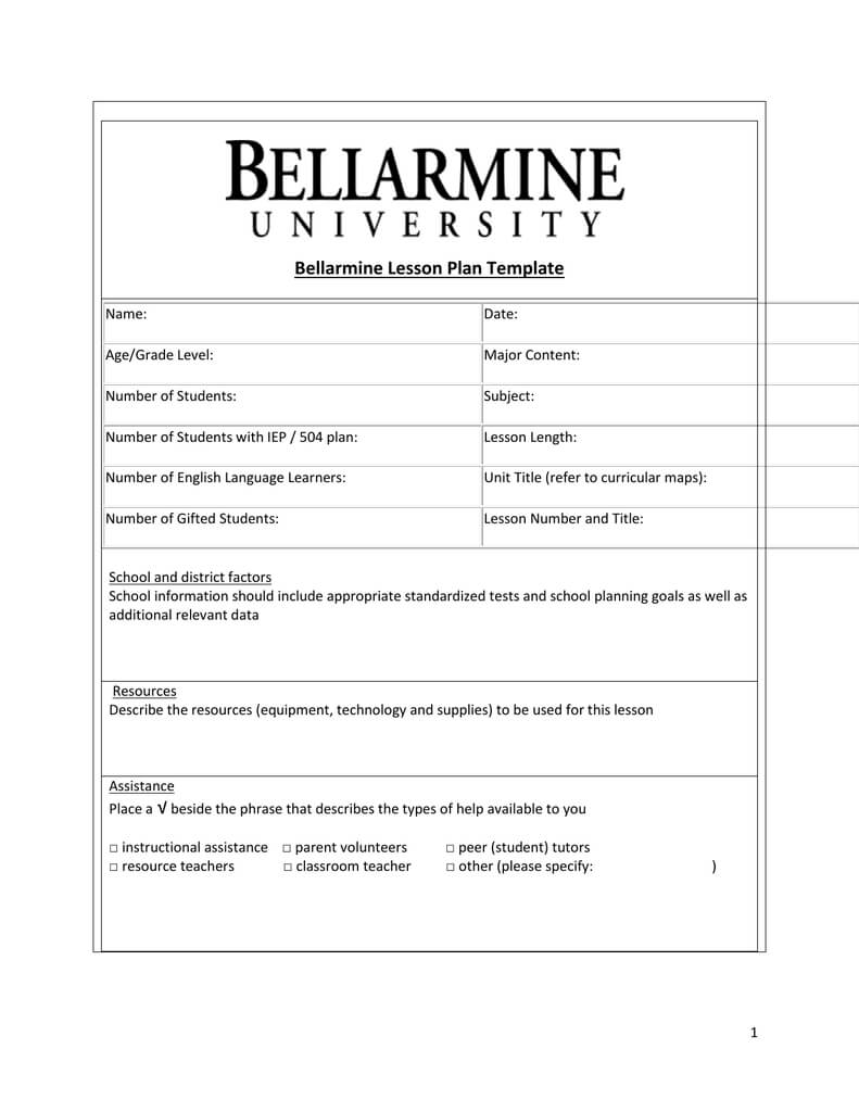 Bellarmine Lesson Plan Template Throughout 504 Plan Template