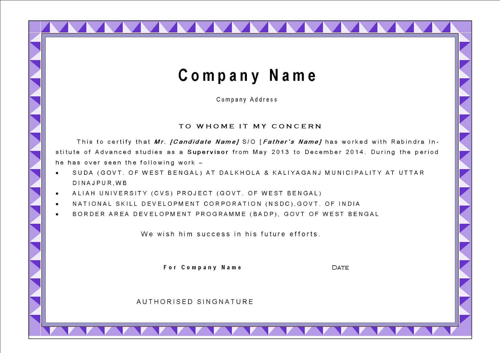 Best Work Experience Certificate Letter Template With Purple With Certificate Of Experience Template