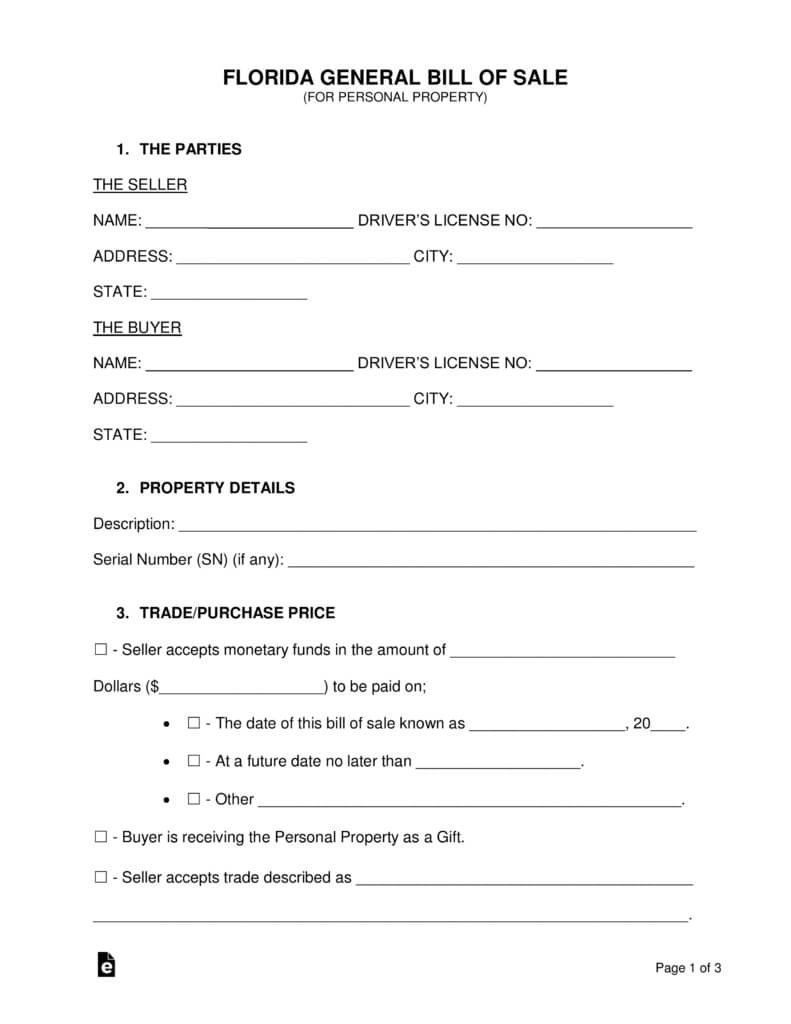 Bill Of Sale Template Florida – Colona.rsd7 For Car Bill Of Sale Word Template