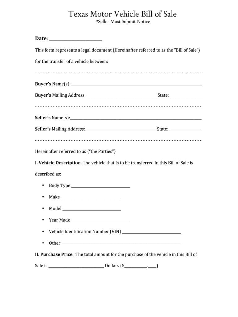 Bill Of Sale Texas – Fill Online, Printable, Fillable, Blank With Regard To Automotive Bill Of Sale Template