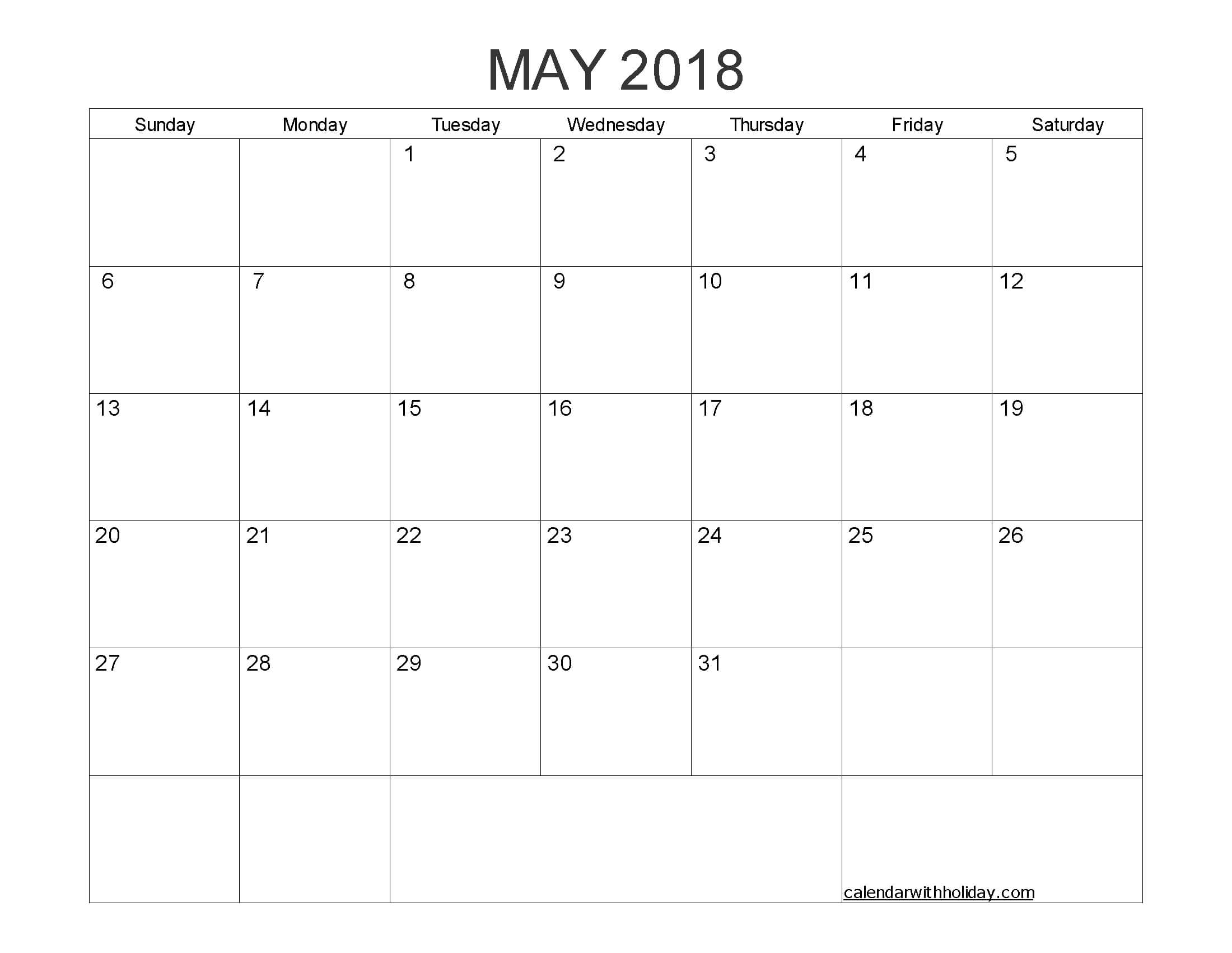 Blank Calendar May 2018 Printable 1 Month Calendar Template Inside Blank One Month Calendar Template