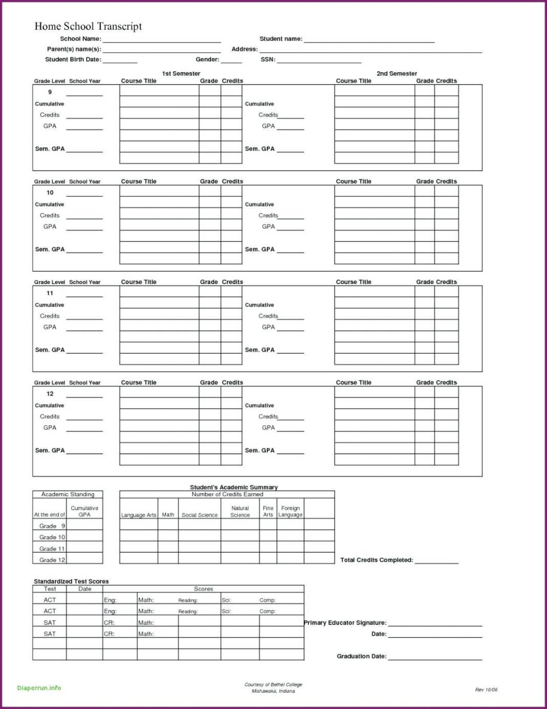 Blank Report Card Template Examples Printable High School For Blank Report Card Template
