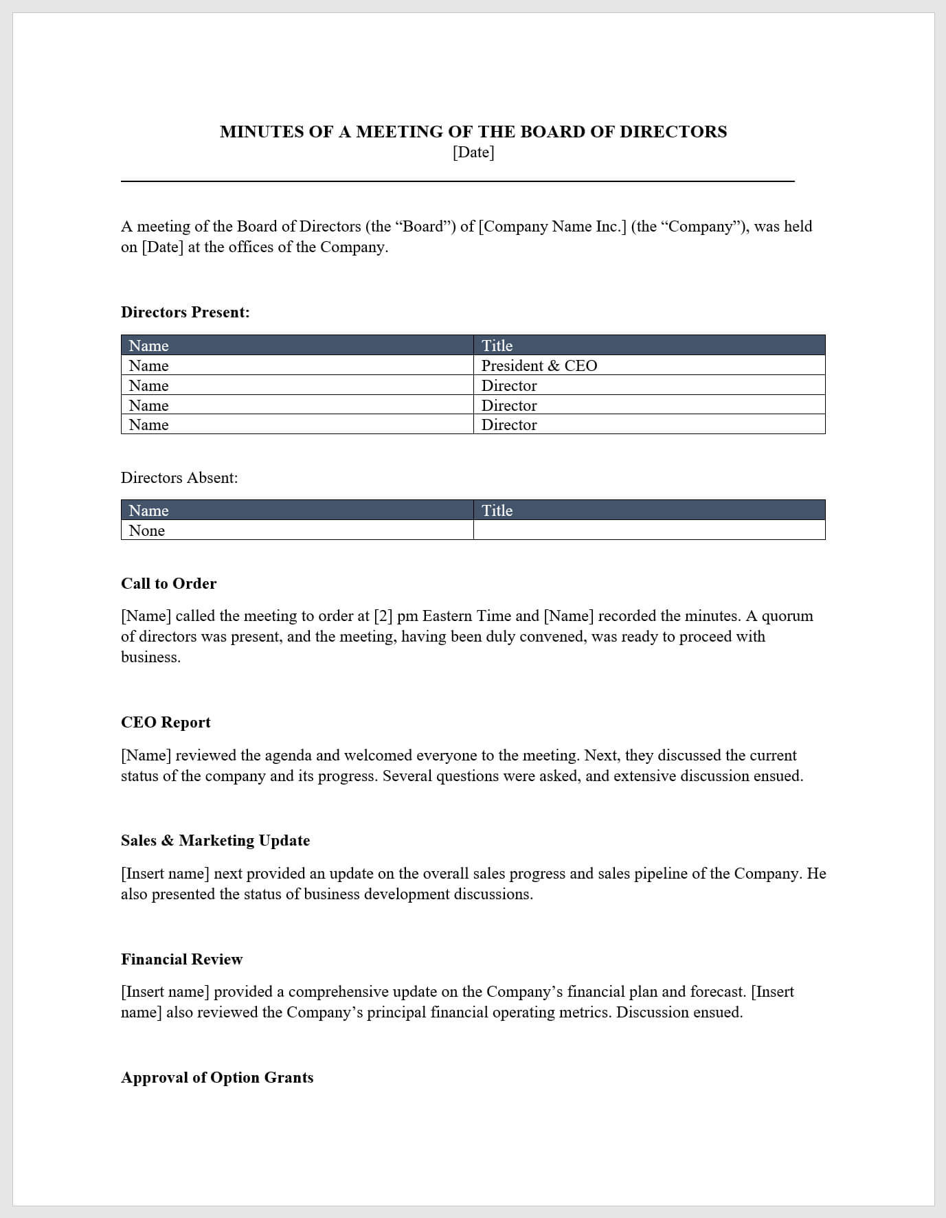 Board Meeting Minutes Template – Download From Cfi Marketplace For Business Development Meeting Agenda Template