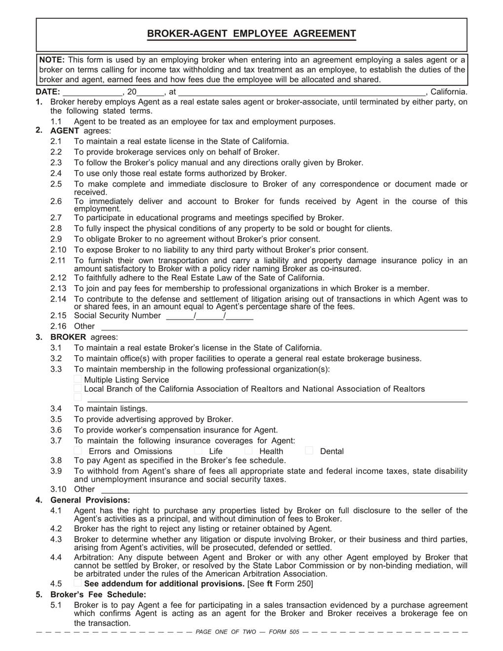 Broker Agent Employee Agreement – Rpi Form 505 | First Regarding Business Broker Agreement Template