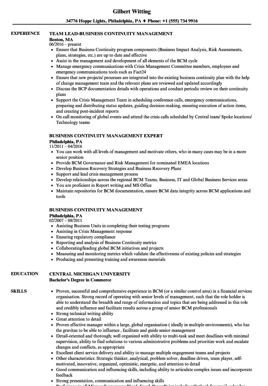 Business Continuity Management Resume Samples | Velvet Jobs Inside Business Continuity Management Policy Template