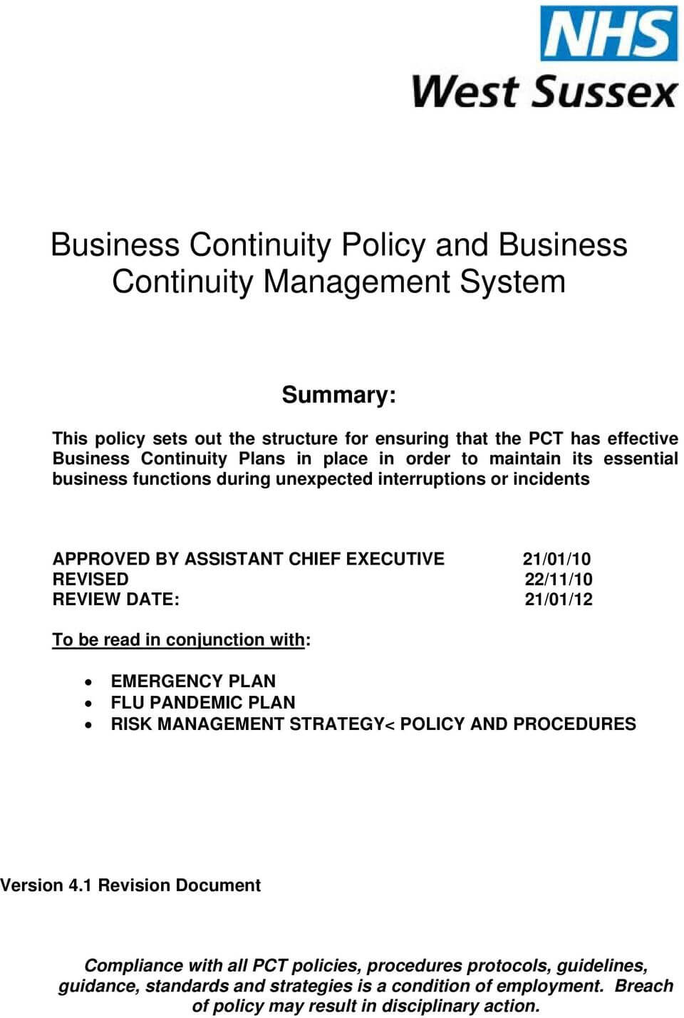 Business Continuity Policy And Business Continuity Regarding Business Continuity Management Policy Template