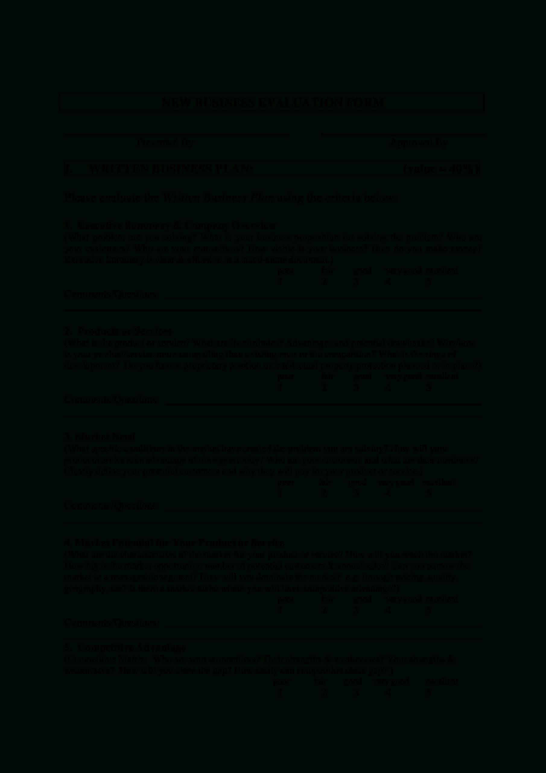 Business Evaluation Form | Templates At Throughout Business Opportunity Assessment Template