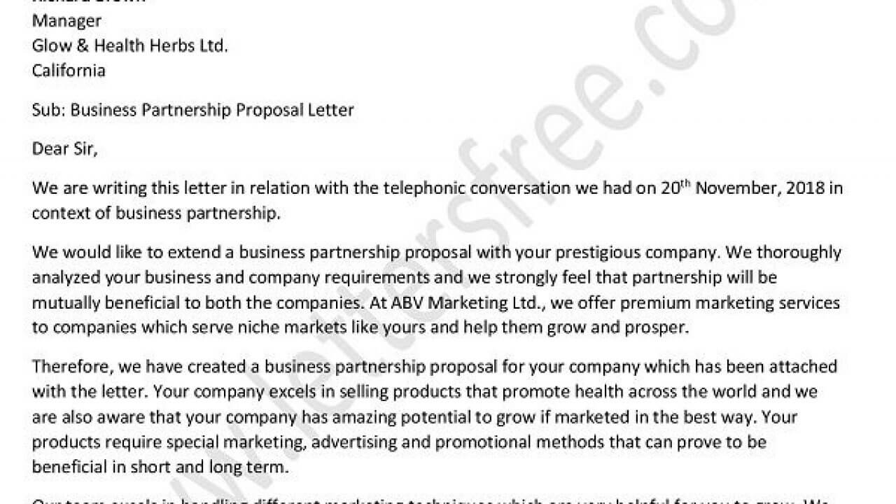 Business Proposal Letter For Partnership – Sample Business Throughout Business Partnership Proposal Template